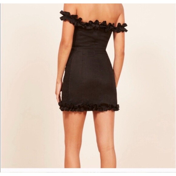 Reformation Bonita Dress 6 Black 100% Linen Ruffle Mini Smocked Preppy Going Out - Picture 3 of 16